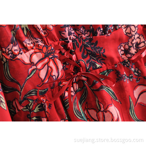 Women Clothing Flower Printing Loose Dress with Bow